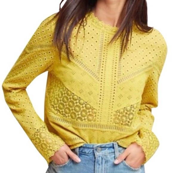 James Coviello Anthropologie Crochet Lace Yellow Long Sleeve Top Size S - Picture 1 of 13